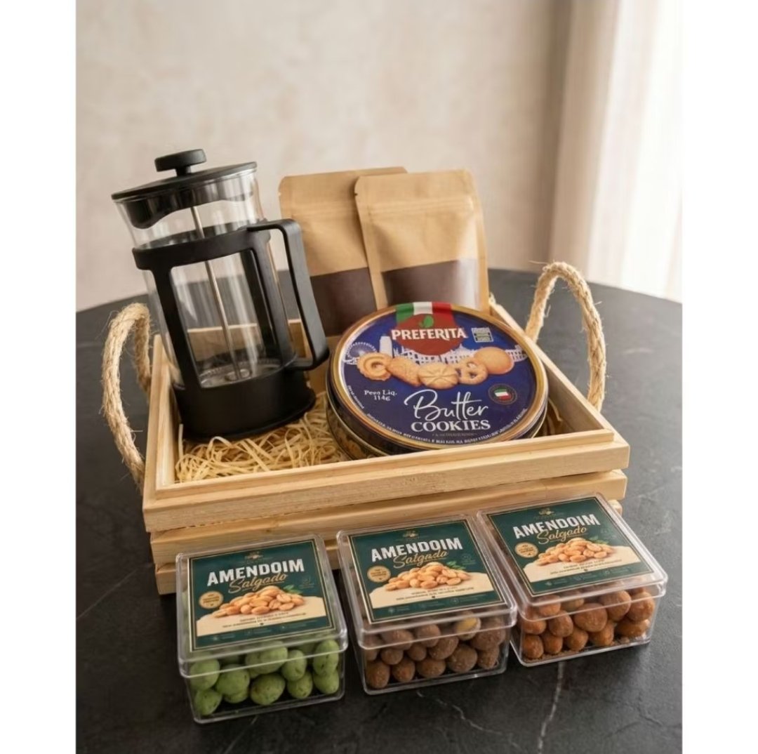 Kit Presente Café Cafeteira Francesa Amendoim Biscoito