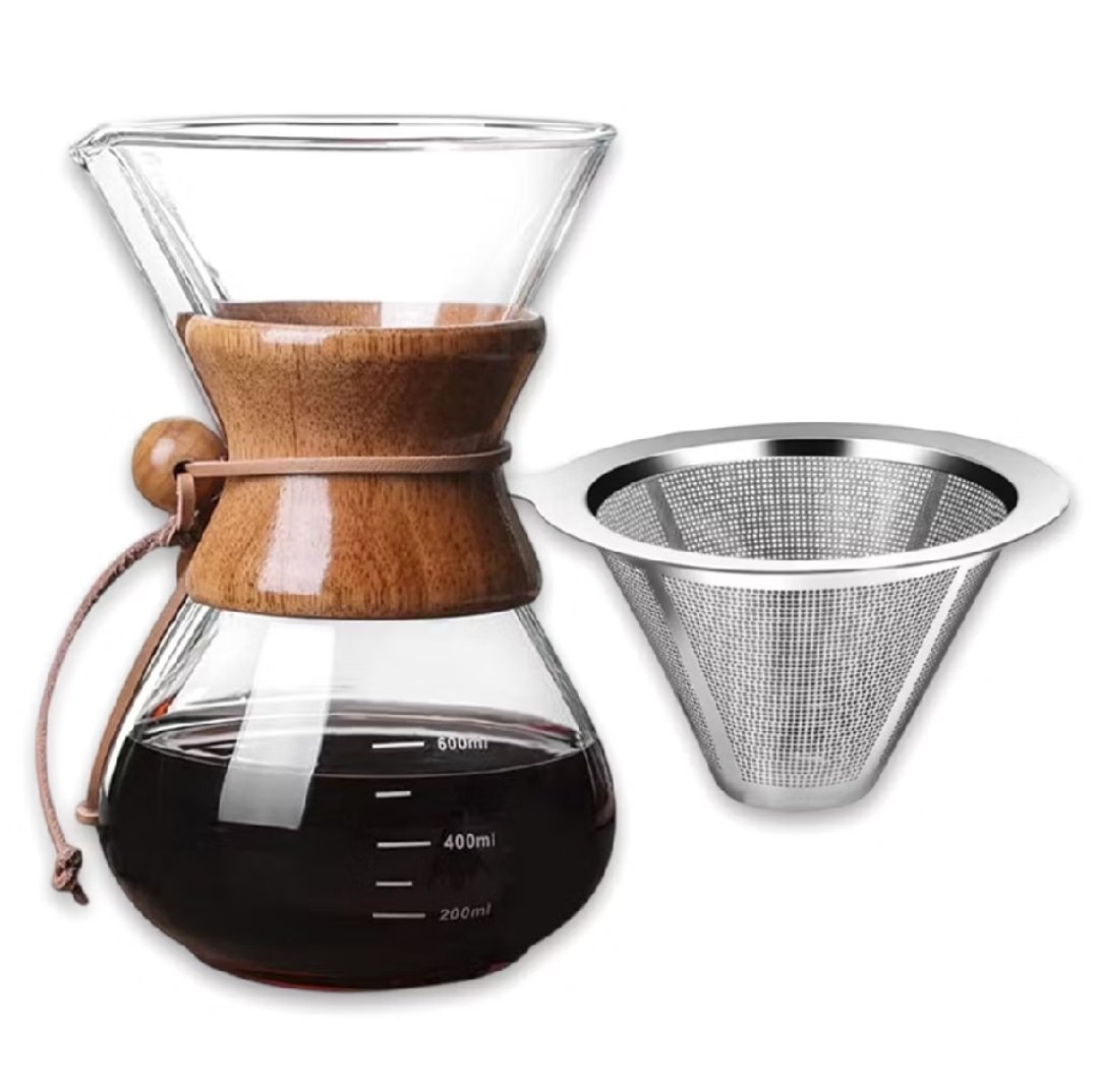 Passador de Café Vidro Coador Inox Estilo Chemex