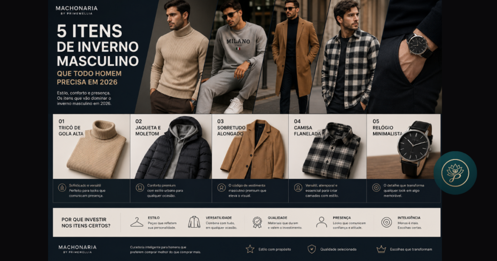 5 itens de inverno masculino 2026 — tricô gola alta, jaqueta, sobretudo, camisa flanelada e relógio — curadoria Machonaria Primewellia