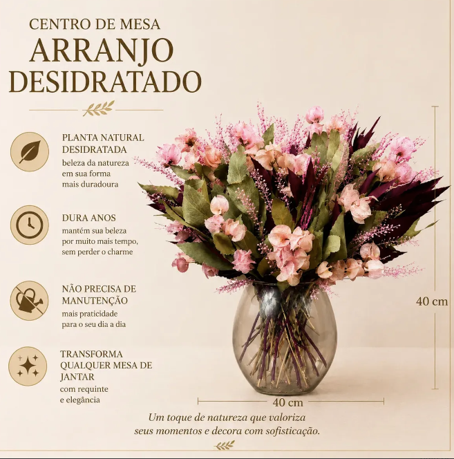 Arranjo Centro de Mesa Mix de Flores Secas do Campo Rosa