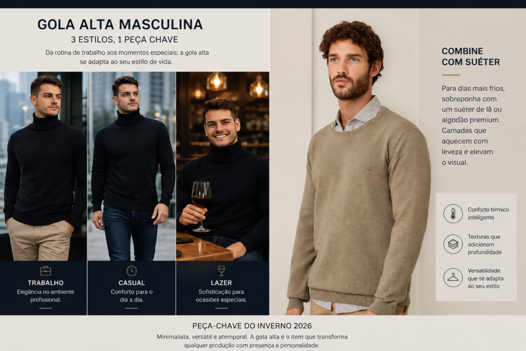 Looks masculinos de inverno com gola alta preta e suéter bege, ideais para trabalho, casual e lazer, com estilo elegante e versátil.