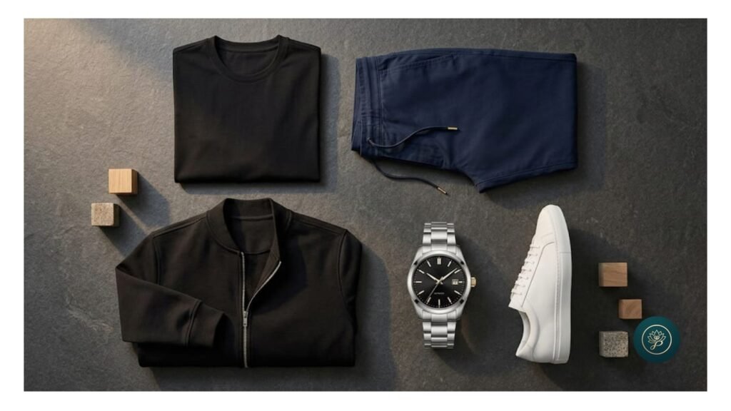Um look masculino com presença real para quem veste grande segue uma lógica simples: base neutra, terceira peça estruturada, acessório de pulso e calçado limpo.