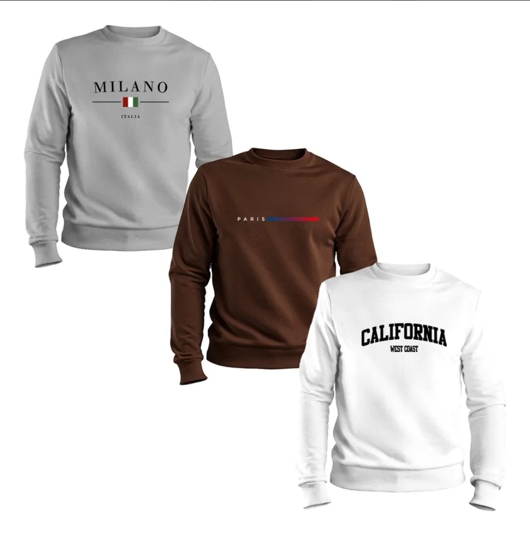 Kit 3 Moletom Gola Redonda Milano Paris Califórnia Masculino