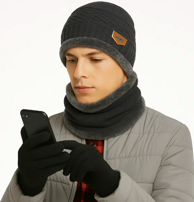 Kit Frio Cachecol Touca Forrada Lã Protetor Pescoço Luva Touch