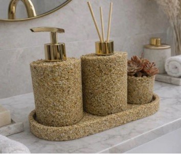 Kit Lavabo Luxo Pedras Naturais Premium 4 Peças Gold